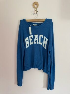 Z Supply Blue Knit Scoop-Crew Sweater with White 'BEACH' Lettering